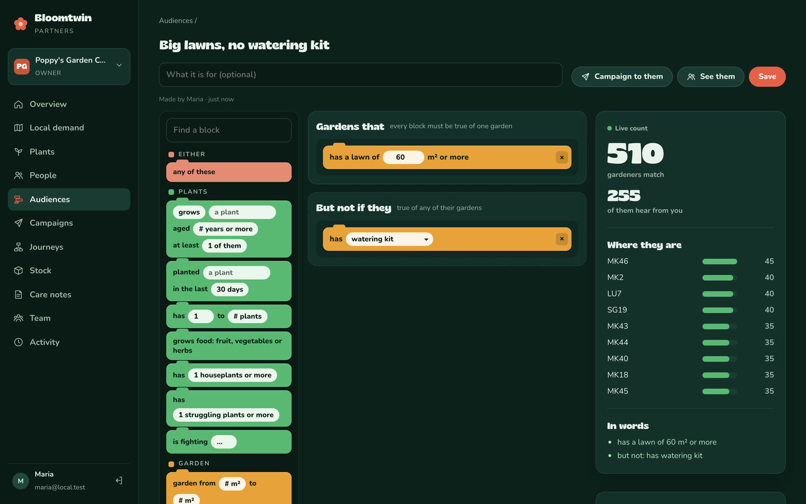 The audience builder: blocks on the left, the live count and where they are on the right