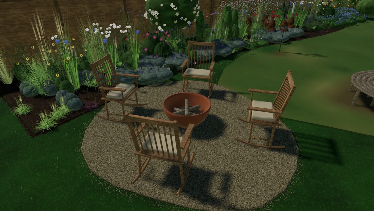 Rocking chairs round a fire pit at the end of the garden